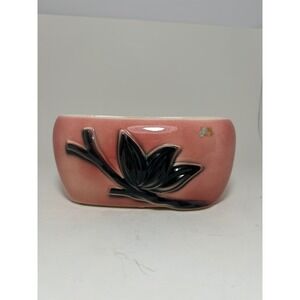 Vintage Mid Century Modern Pink Ceramic Planter Black Leaf Relief Retro MCM